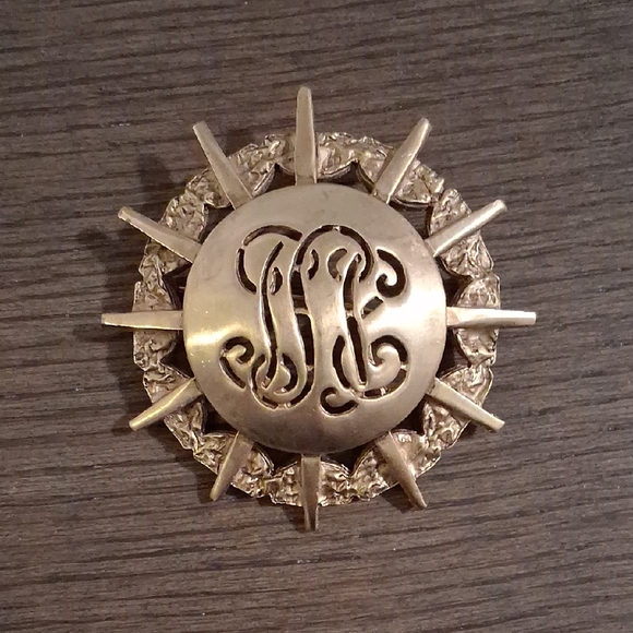 Jewelry - Vintage-Style Gold Tone Sunburst Monogram Brooch